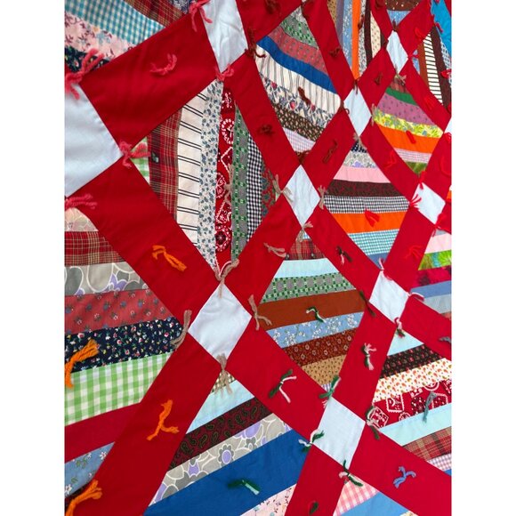 Vintage 60's Heavy Tied Scrappy Patchwork Quilt Red Blue 92.5x81" - Picture 4 of 16